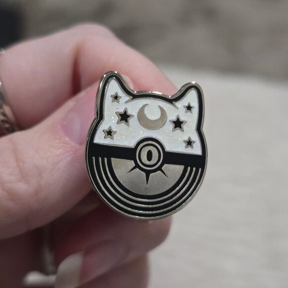 Cat Moon Enamel Pin – Celestial Kitty Badge w/ Poké Ball, Stars & Secure Clasp - Picture 1 of 4